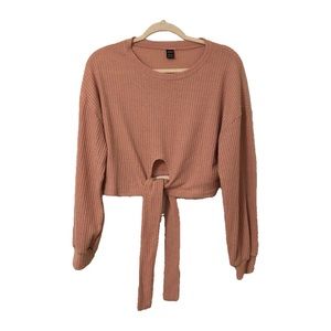 Tie Front Ribbed Light Pink Long Sleeve